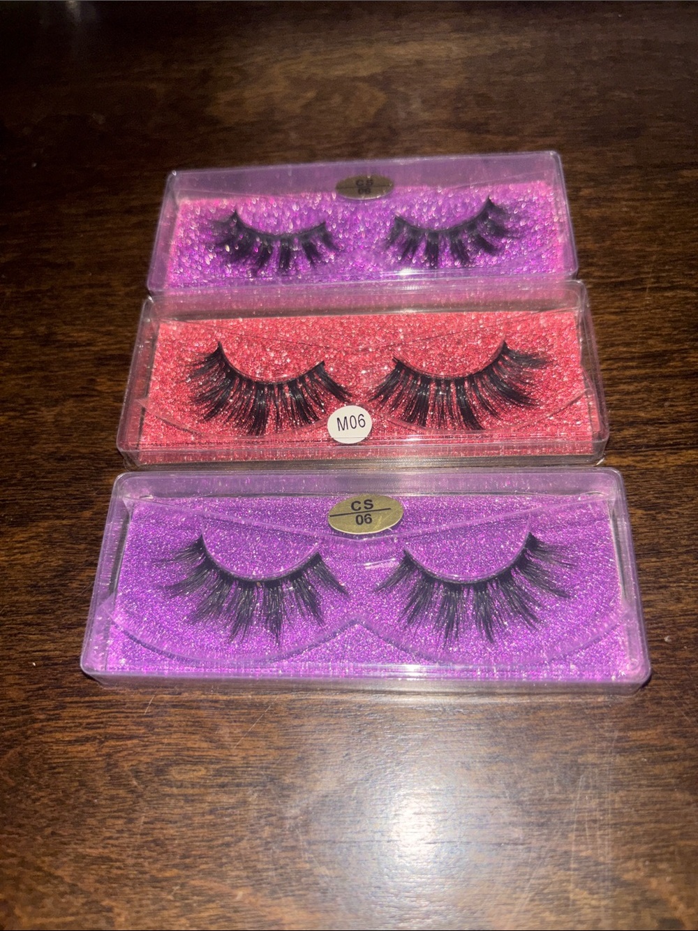 Glitter Case False Eyelashes Trio Pack - Black Lashes in Purple & Red